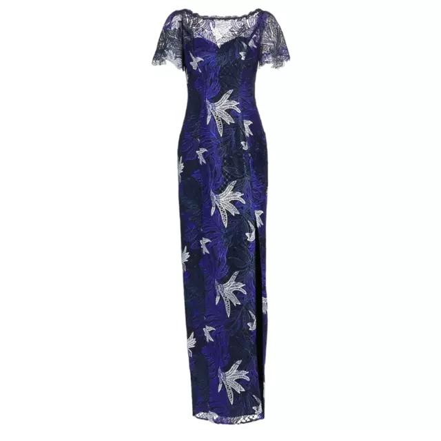 Marchesa Notte Blue Black White Lace Maxi Sheath Dress Gown