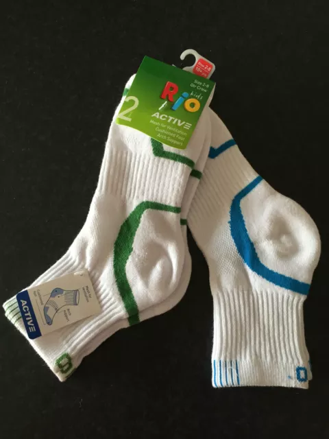 BNWT Kids Rio Brand Qtr Crew Sports Socks Pack of 2 Size 13-3 for Age 8-10 Years