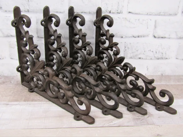 Set of 4 Cast Iron Shelf Brackets New Antique-Style Fleur-de-lis 9" x 7.5"