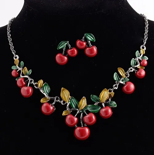 Flower Necklace Earring Choker Cherry Green Leaf Boho Jewelry Gypsy Bohemian Set