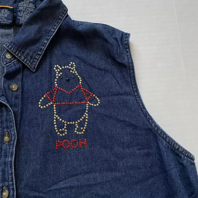 Disney Pooh Shirt Woman 14W 16W Denim Button Up Sleeveless Collared Tank Beaded 2