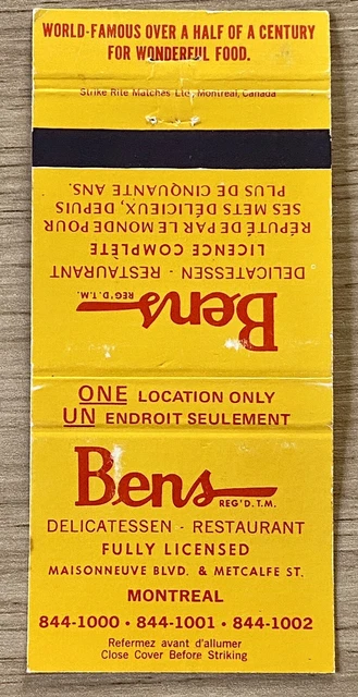 BENS Deli Restaurant Montreal Canada Vintage 30-Strike Matchbook Cover Y B-1239