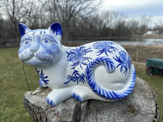 Ceramic Porcelain Laying Cat Figurine Floral Design Cobalt Blue and White