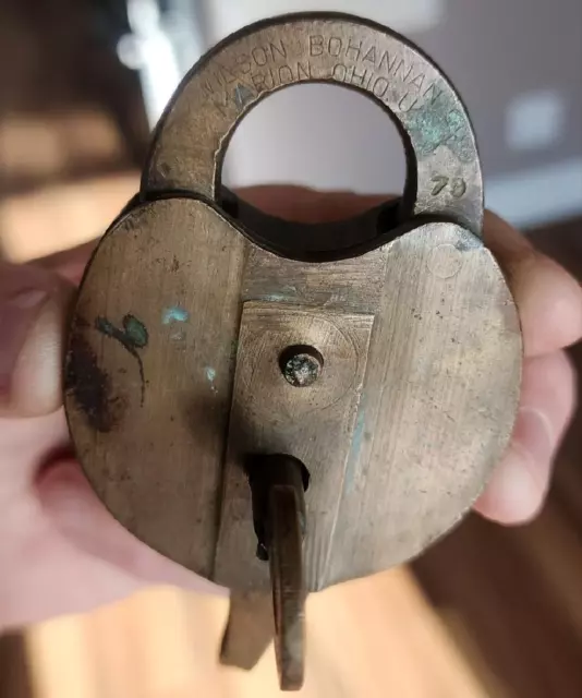 Antique Wilson Bohannan Marion Oh. #79 Brass Heart Shape Lock Padlock  With Key