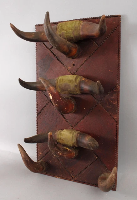 Antique Western Cow Horns Display Rack, Large Chip Carved Tramp Art, NR
