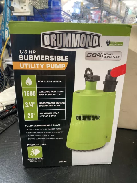 Drummond 1/6 HP Submersible Utility Pump 1600 GPH 120V Nice Condition