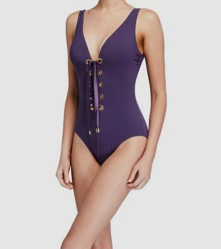 $387 Karla Colletto Womens Purple Maritta V-Neck Lace-Up One-Piece Swimsuit Sz 6