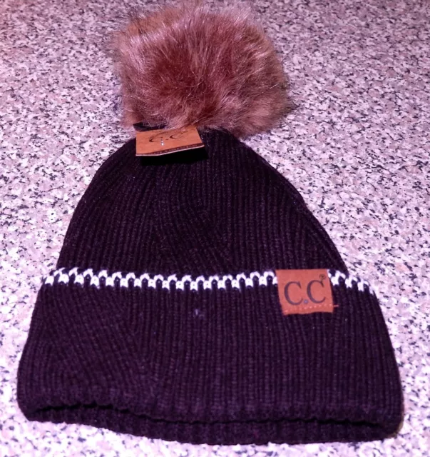 NWT Black WIth White Trim and Brown Faux Fur Pom C.C. Beanie/Hat