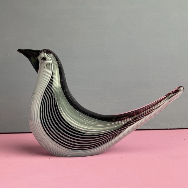 Art Glass Black and White Bird Paperweight Lined Striped Purple/Black And White