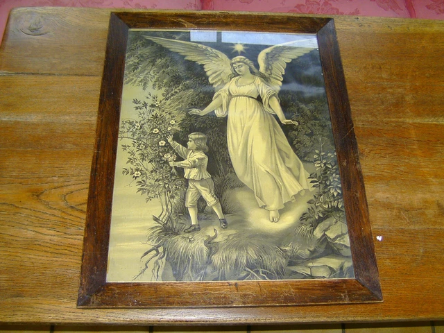 Antikes große SCHUTZENGEL- BILD mit originalem Holzrahmen aus der Art Deco Zeit