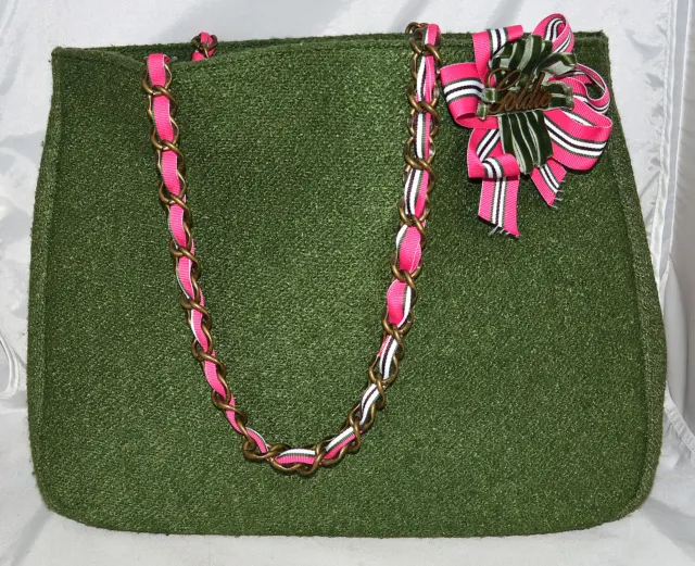 Goldie Limited Edition Green Curly Cotton & Wool with Pink Ribbon Bow Tote Bag