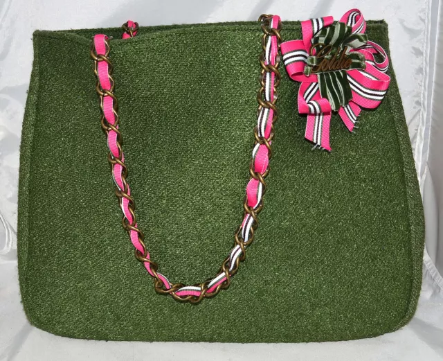 Goldie Limited Edition Green Curly Cotton & Wool with Pink Ribbon Bow Tote Bag