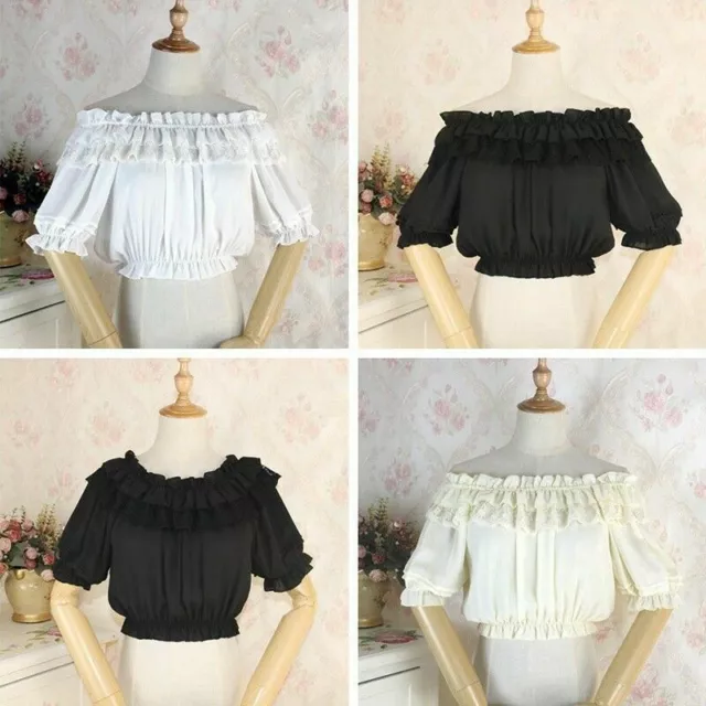 Ruffle Lace Collar Cropped T-shirt Streampunk Lolita Off Shoulder Blouse Top