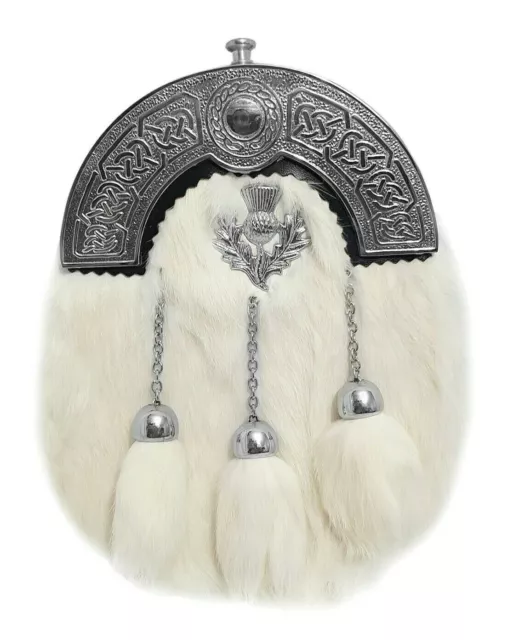 100% Leather White Rabbit Fur 3 Tassels Scottish Brass Cantle Sporran With Belt