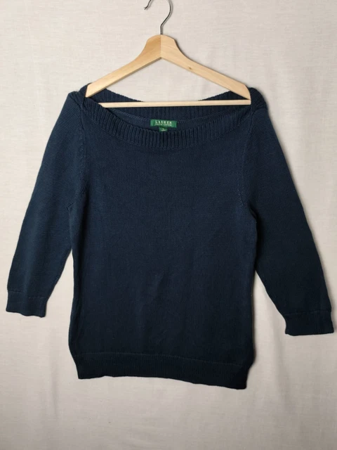 Lauren Ralph Lauren Navy Blue Low Neck Chunky Cotton Jumper - Women's Large