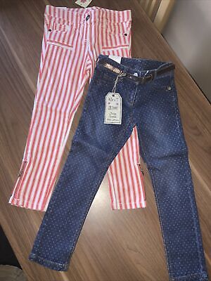 2 pairs NEXT Girls Jeans Coral White Stripe & Blue Dot Gold Belt  5 Years   BNWT
