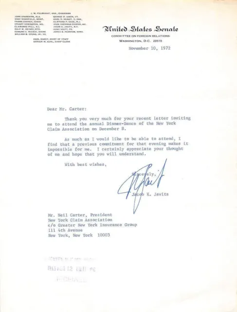 Jacob Javits New York Senator Autograph Signed Dinner Dance Letter 1972