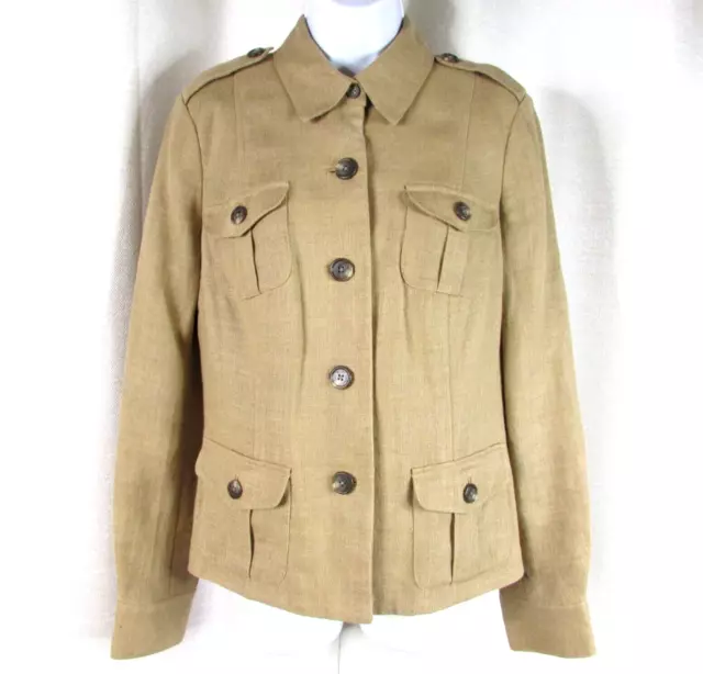 LAUREN Ralph Tan 100% Linen Military Safari Jacket Size 8 Epaulets 4 Pockets LRL