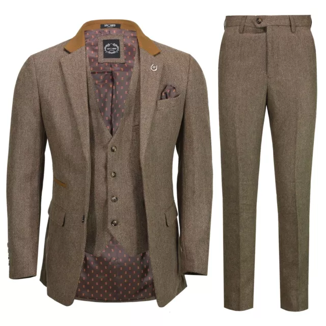 Mens 3 Piece Herringbone Tweed Suit in Brown Retro Peaky Blinders Style Fitted