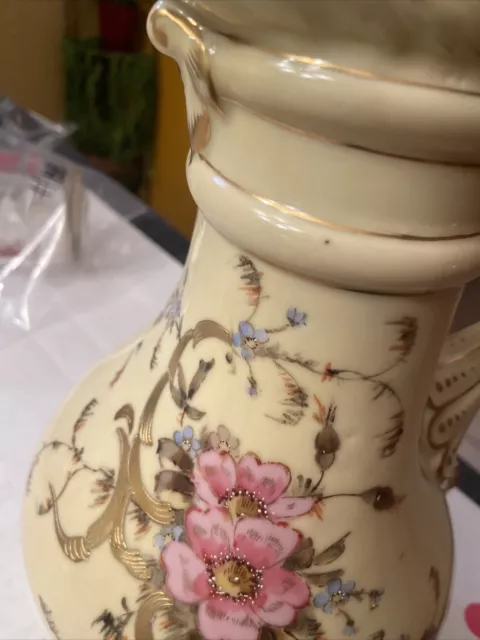 ES Suhla Porcelain Hand Painted Pitcher Vase 12" Cream Gold Flowers Beautiful BB 3