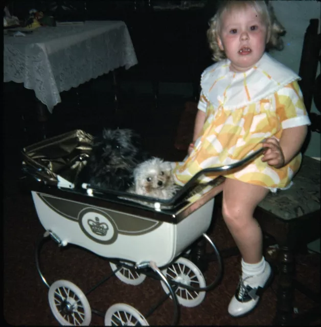 1967 Little Girl Yellow Dress Saddle Shoes Dogs in Stroller Vintage 126 Slide