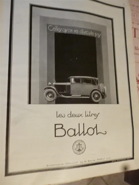 BALLOT 2 litres automobile publicité papier ILLUSTRATION 1927