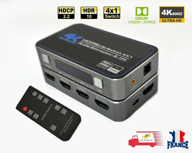 Switch HDMI 4K Répartiteur 4 Entrées 1 Sortie Commutateur HDR Audio 3.5 SPDIF