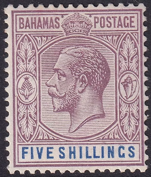 Bahamas 1924 KGV. 5/- Purple & blue, Mult Script CA wmk. Mint. SG 124, CV £42