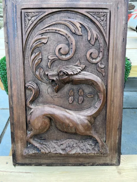 SUPERB 19thC GOTHIC WOODEN OAK PANEL: GARGOYLE WITH INTRICATE DETAILING c1880s
