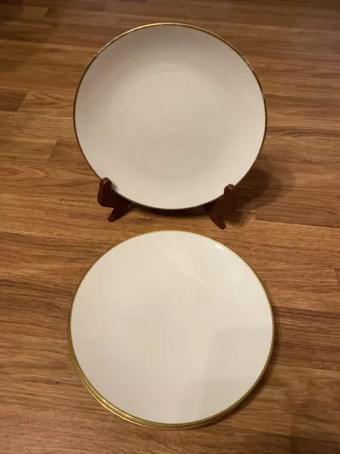 Noritake China 3) Salad Plates. Solid White with thin Gold edge. 8 1/2 inch diam