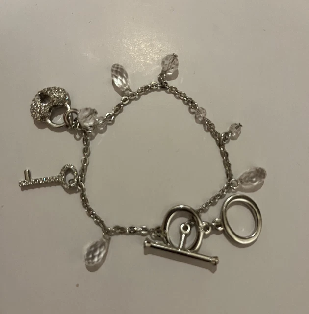 Swarovski Charm Bracelet Silver Tone Heart Lock Key Charms T-Bar Style Clasp