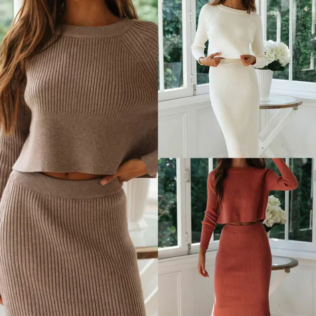 2Piece Suit Women's Knitted Long Sleeve Sweater Solid Color Skirt  Set Outfits