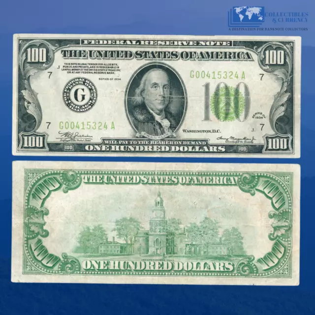 Fr.2152-G 1934 $100 One Hundred Dollars FRN Chicago, Lime Green Seal,VF #15324