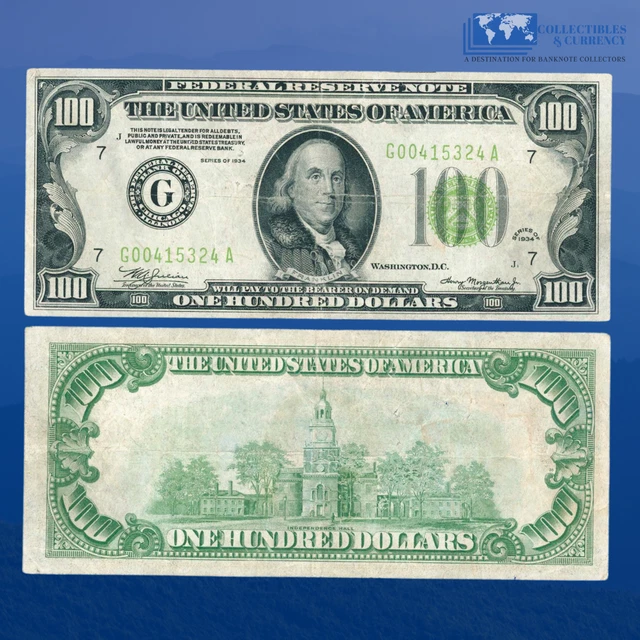 Fr.2152-G 1934 $100 One Hundred Dollars FRN Chicago, Lime Green Seal,VF #15324