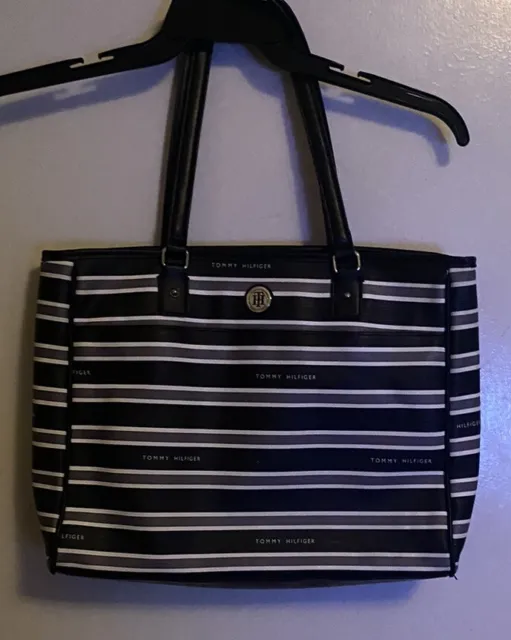 Preowned TOMMY HILFIGER Large Striped Tote Bag black, white, and grey