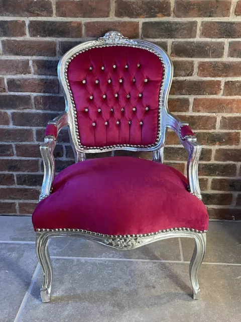 French Louis Style Shabby Chic Chair Pink Velvet With Silver Frame/Diamanté’s