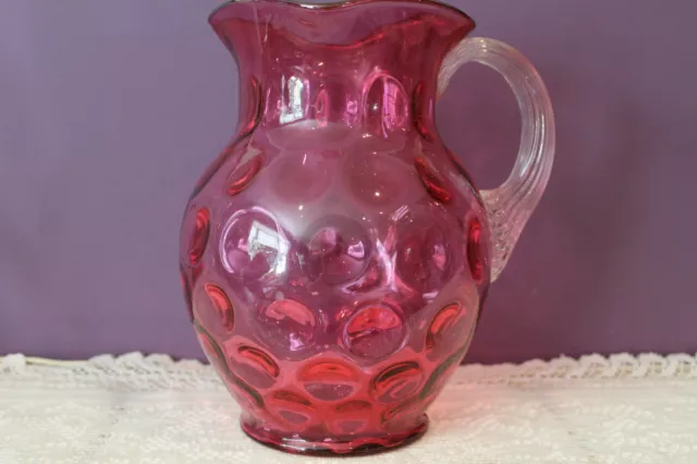 Vintage Cranberry Glass Pitcher 'Inverted Thumbprint' With Applied Clear Handle 2