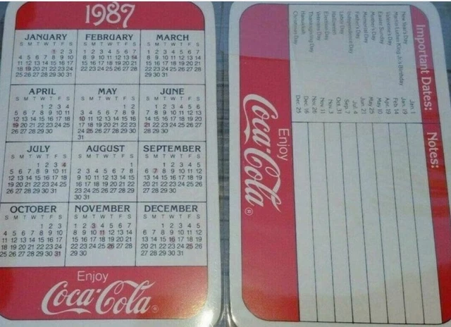 (2) 1987 COCA COLA Pocket Calendar Vintage (Kept in Sleeve Cover)