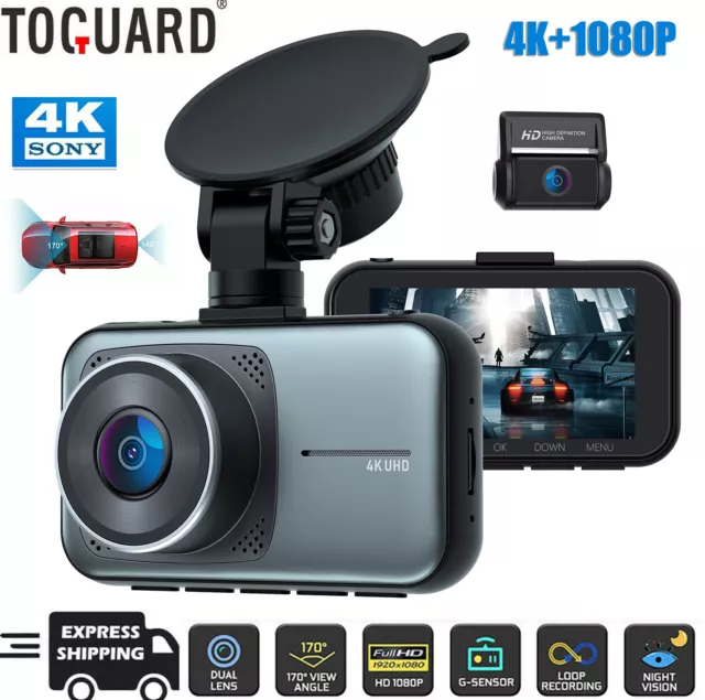 4K TOGUARD 3" Dual Dash Cam UHD 2160P+1080P Front Rear Car Camera Night Vision