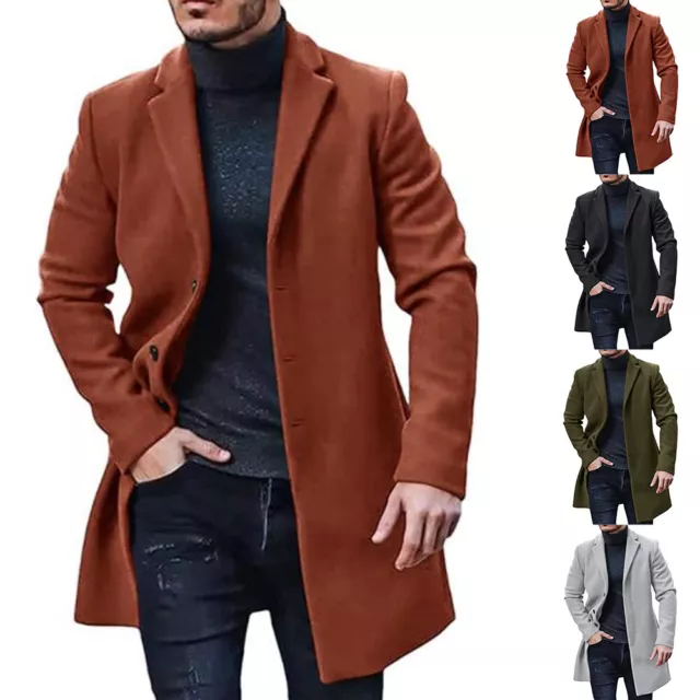 Mens Woolen Trench Coat Winter Lapel Long Jacket Overcoat Fomal Office Outwear