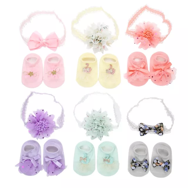 6 Pairs Newborn Baby Girls Socks and Headband Set Bowknot Cotton 0-12 Months