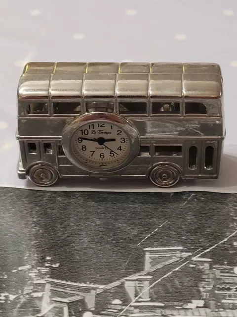 Temps Time Argent Silver Metal Vintage Horloge Clock Miniature Etage Bus Car