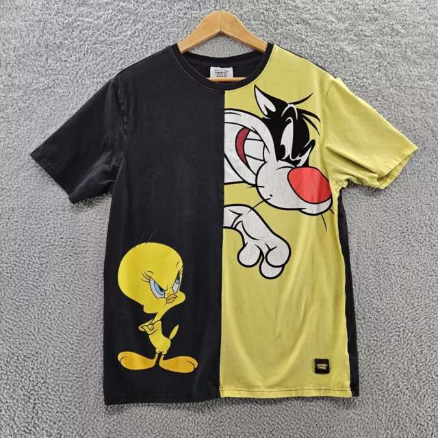 Looney Tunes Shirt Men's Size Large Yellow Black Tweety Bird Sylvester Split Tee