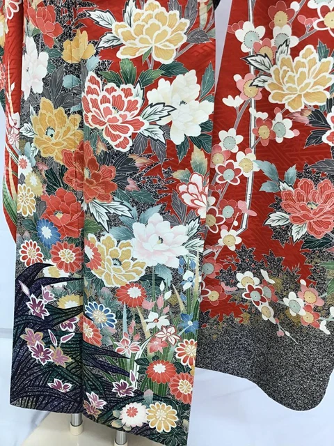 Kimono & Obi only RED gold embroidery long sleeves Japanese furisode belt #66 3