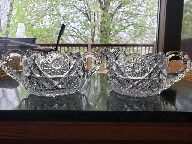 Sugar Bowl Creamer Antique American Brilliant Cut Glass Crystal Hunt Co. "Royal"