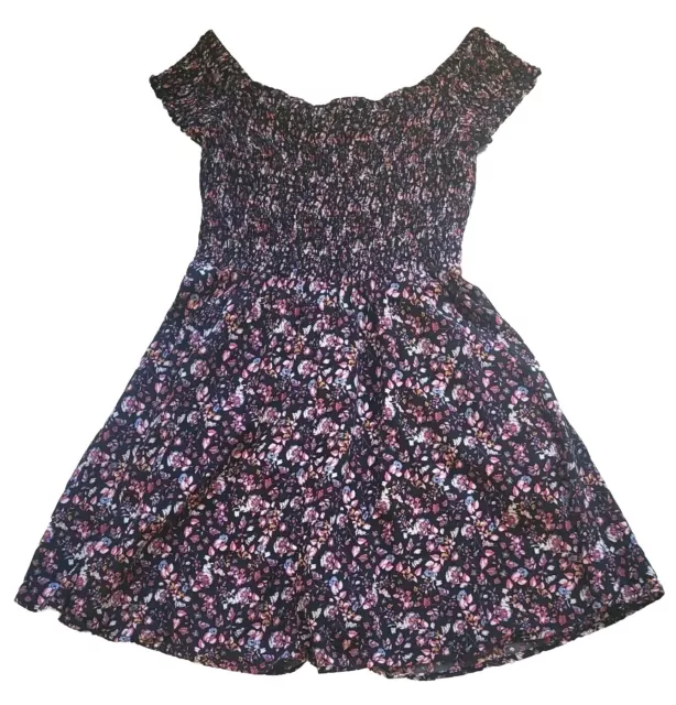 Express Colorful Floral Print Smocked Mini Dress Size M Short Sleeve Pockets