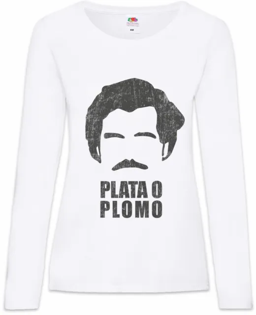 T-shirt donna Plata O Plomo maniche lunghe Pablo Fun Narcos citazioni ritratto Escobar