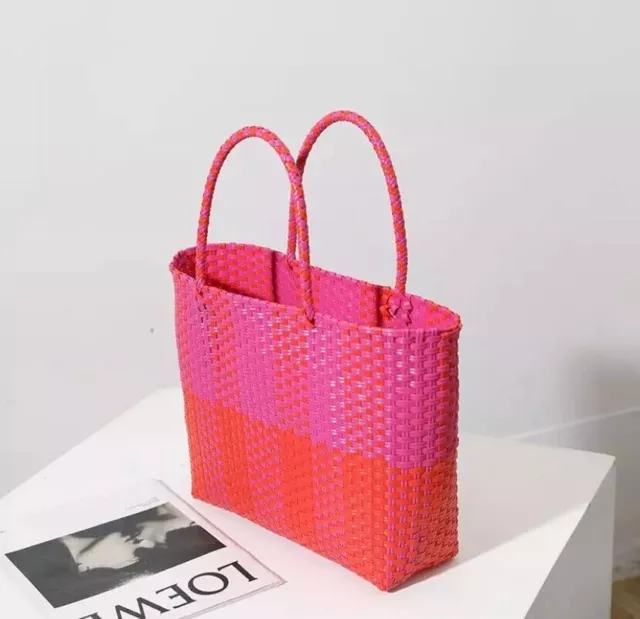 Plastic Hand-woven Bag Large Square Shopping Basket Bag Shoulder Purse Tote Bags 2