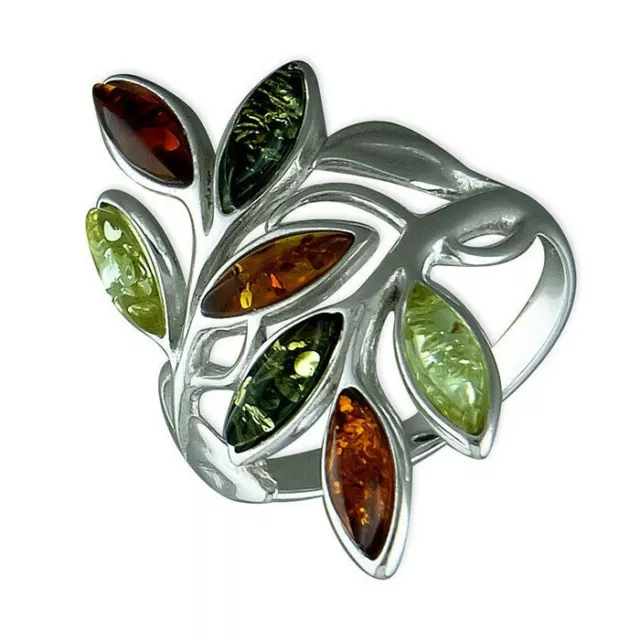 Mixed Amber Leaf Ring Solid Sterling Silver 925 Statement Hallmark Size M - R