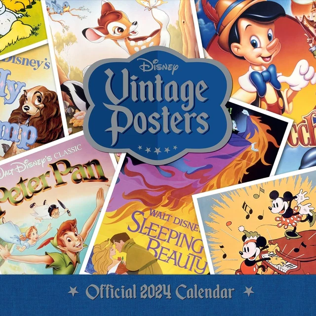 DISNEY VINTAGE POSTERS 2024 Calendar Month To View Square Wall Calendar